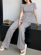 Solid Color Short Sleeve Crop Top Wide Leg Pants Set (9)