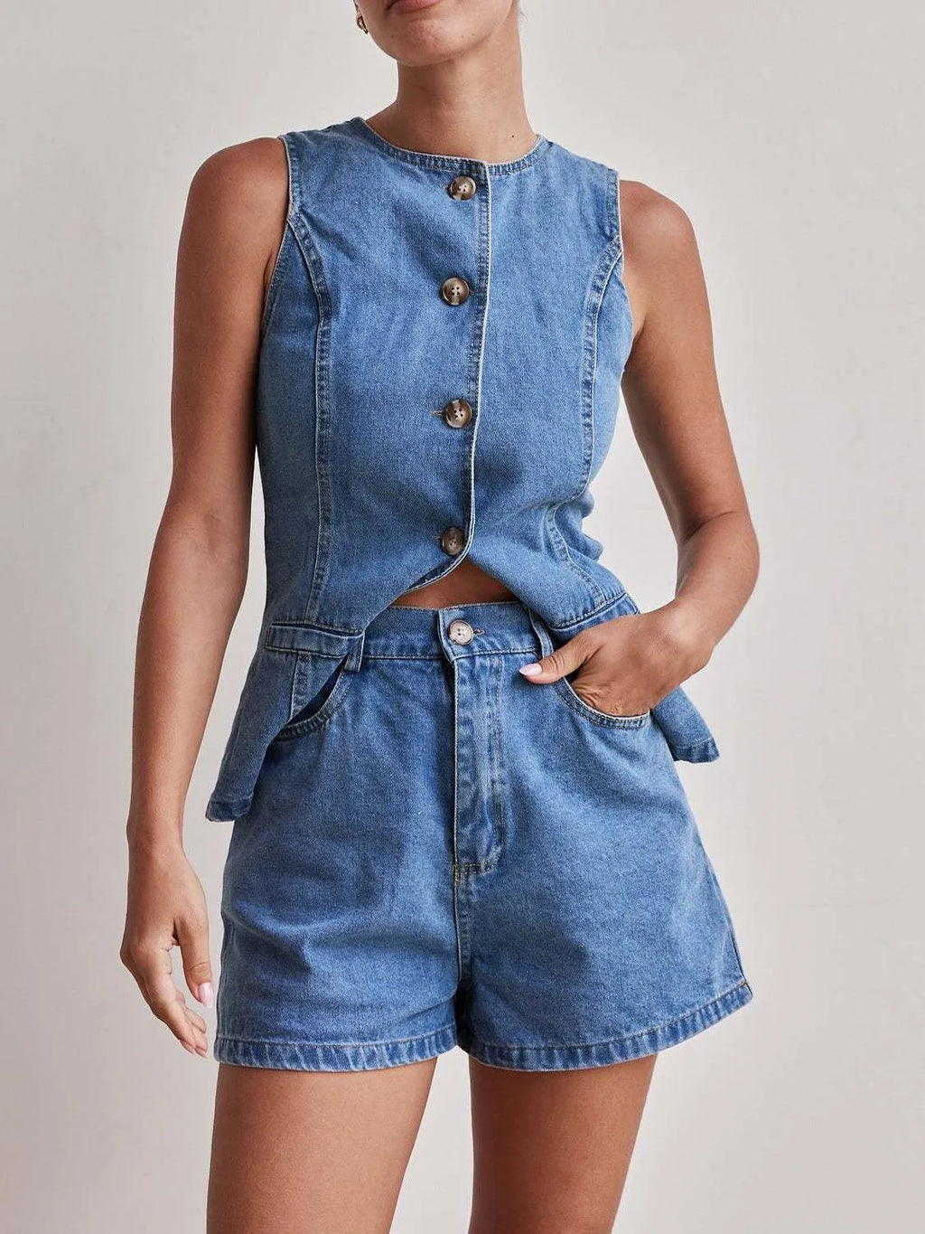 Button Down Vest Shorts Denim Set (8)