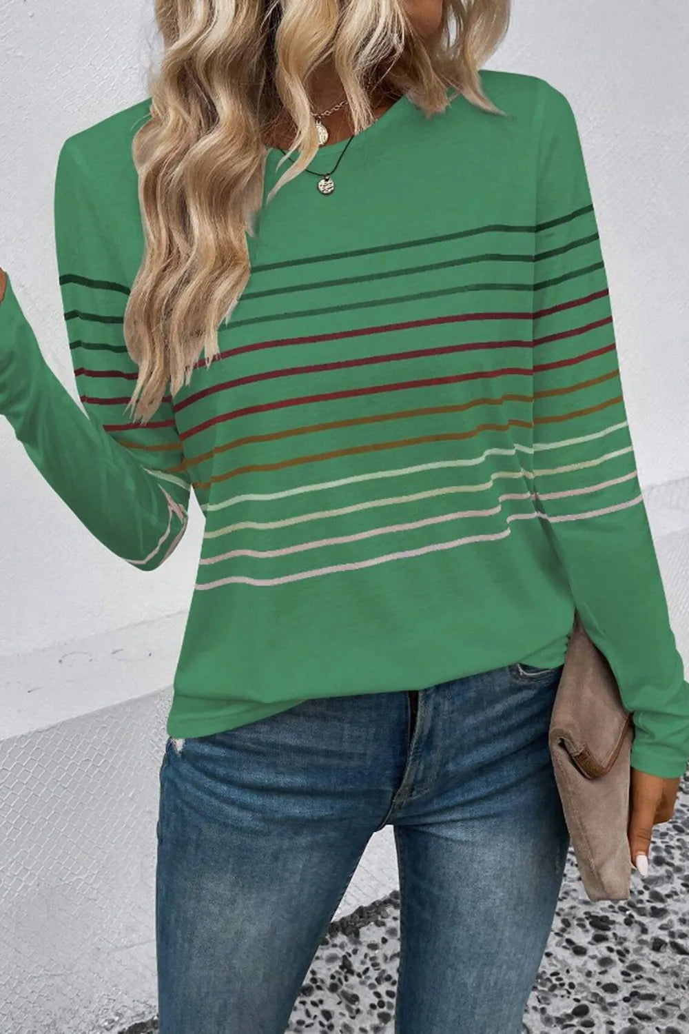 Striped Round Neck Long Sleeve T-shirt (8)