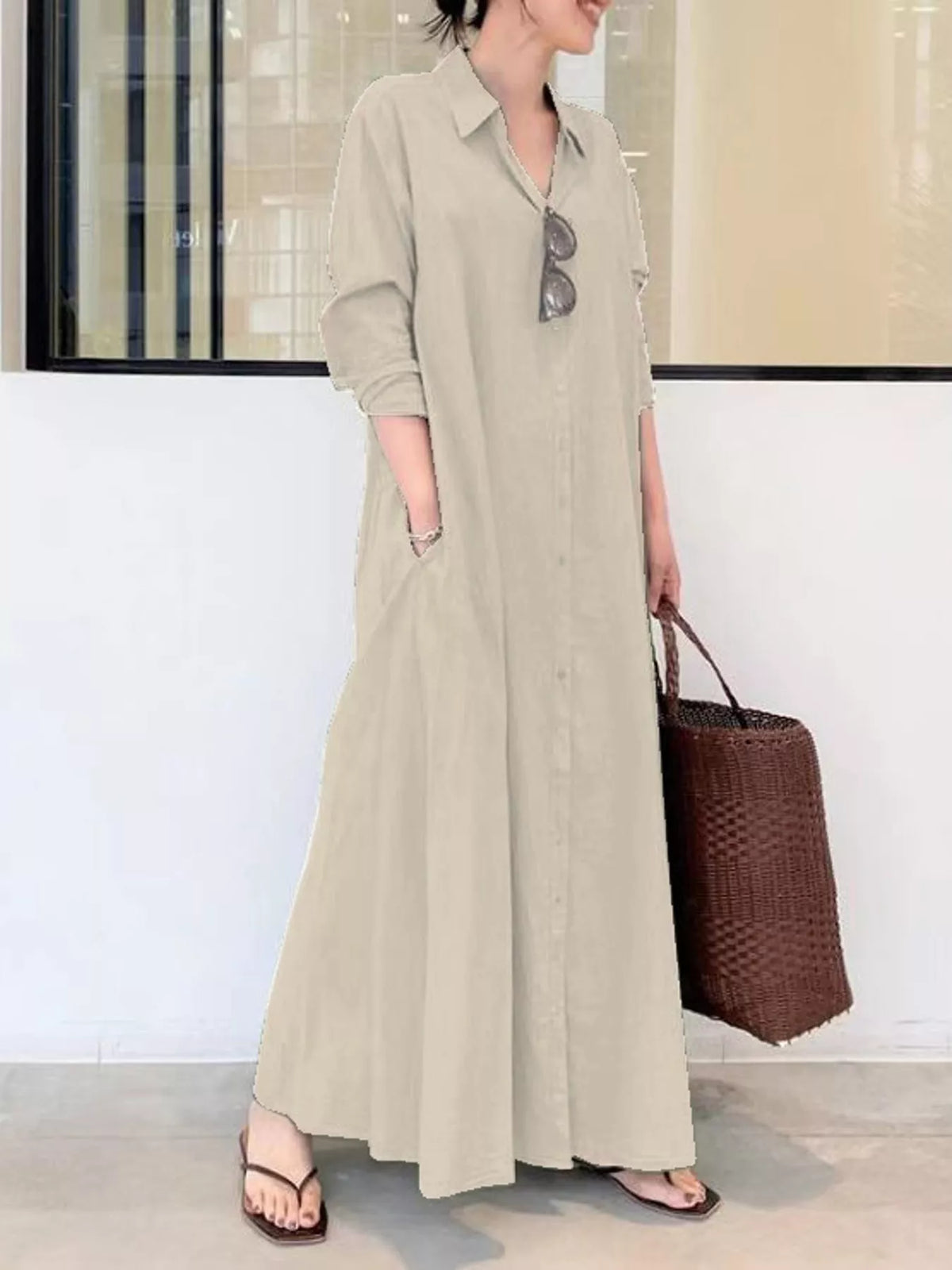 Full Size Button Front Long Sleeve Maxi Shirt Dress Plus (29)