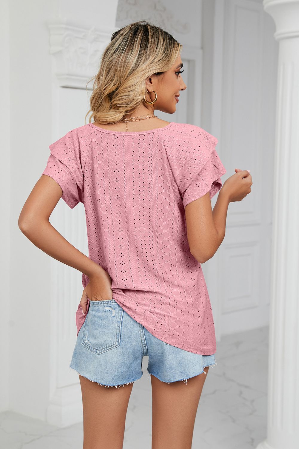 Eyelet Layered Flutter Sleeve V-neck Knit Top (18)
