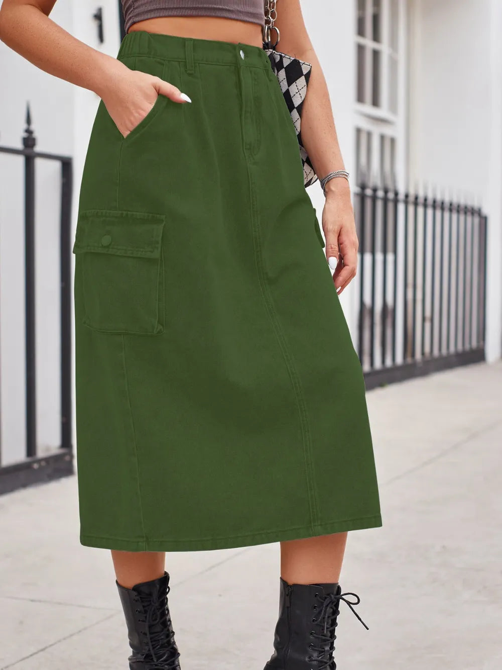 Slit Buttoned Denim Skirt Pockets (7)