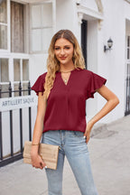 Notched Neck Flutter Sleeve Satin Top (15)