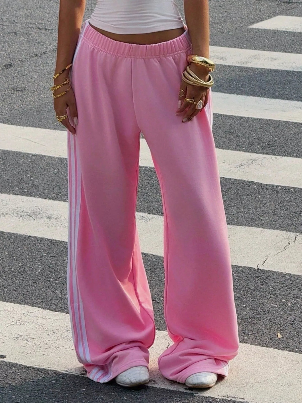 High-waisted Wide-leg Track Pants Side Stripes (4)