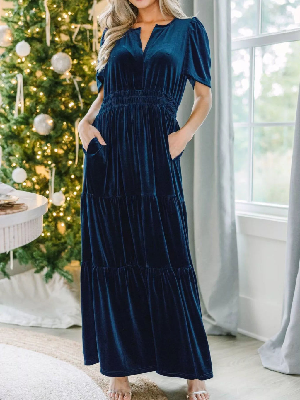 Velvet Tiered Short Sleeve Maxi Dress (9)