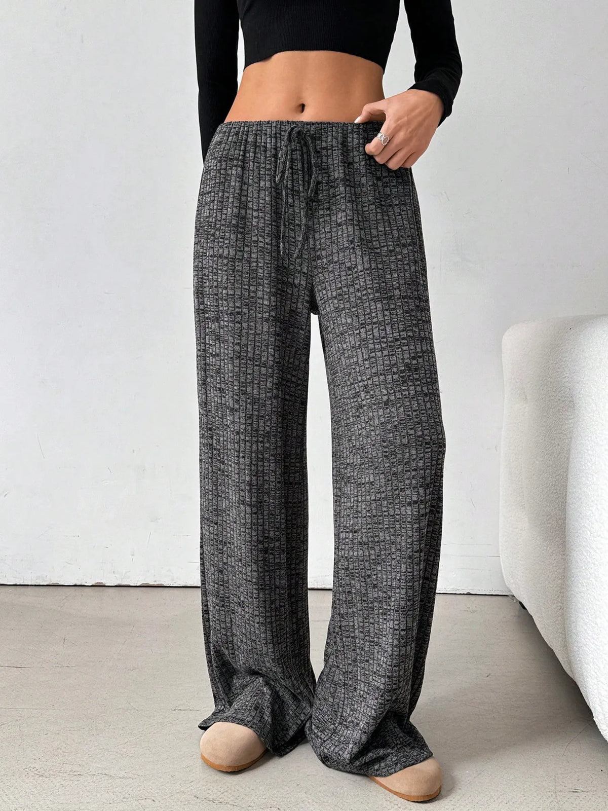 Striped Wide Leg Drawstring Pants (34)