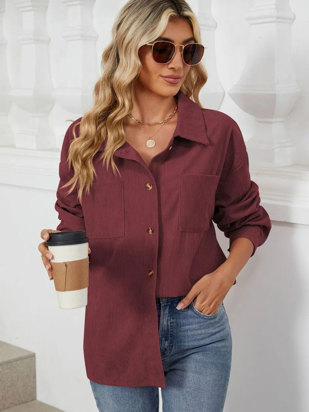 Button Up Dropped Shoulder Long Sleeve Outerwear (7)
