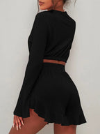 Round Neck Long Sleeve Top Ruffled Shorts Set (9)