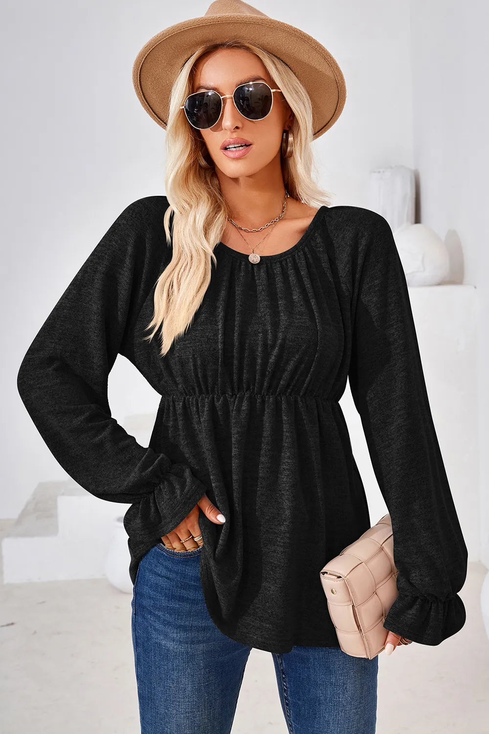 Ruched Round Neck Flounce Sleeve Blouse (4)