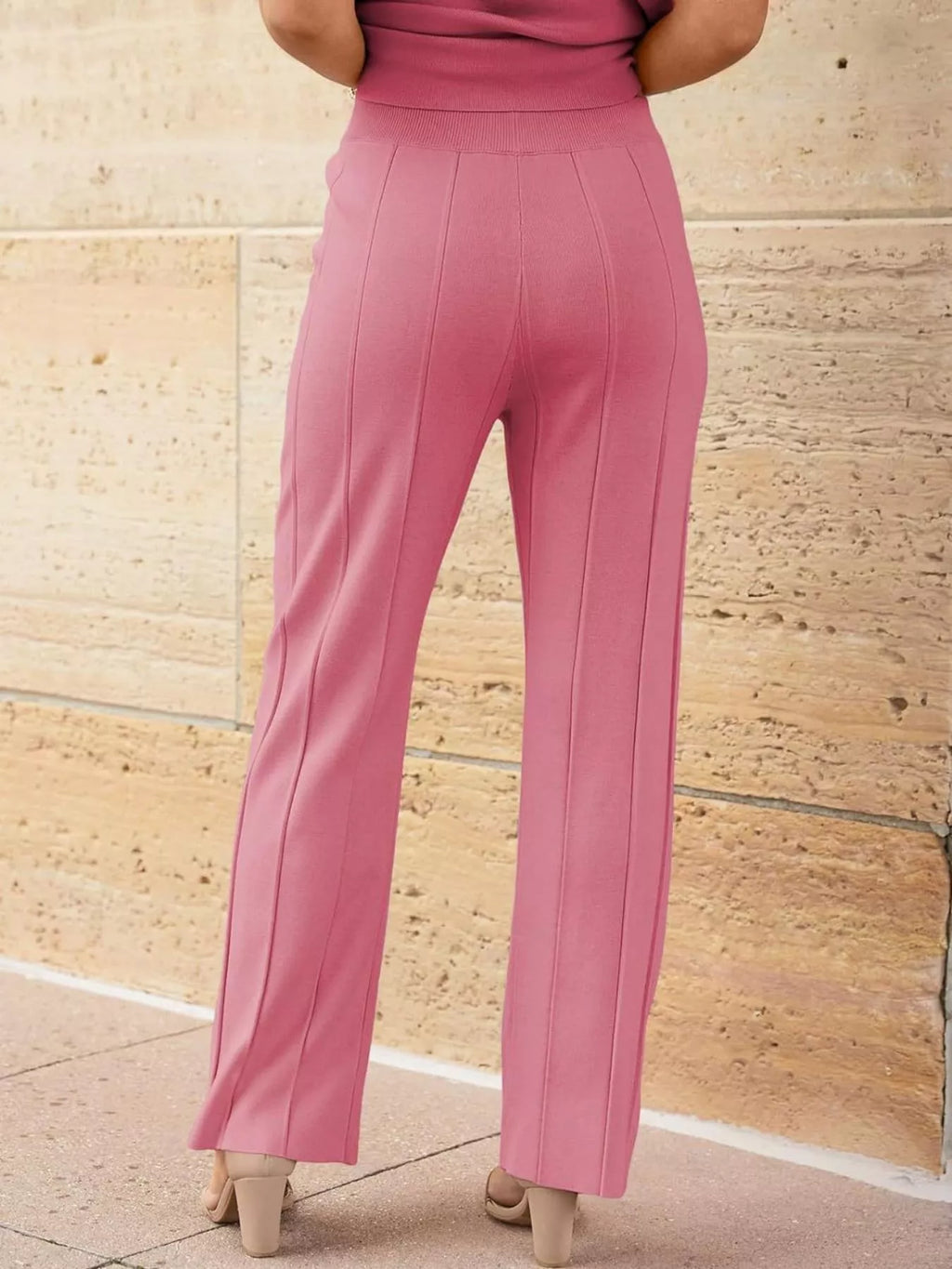 Casual Solid Color Cap Sleeve Top Pants Knit Set (27)