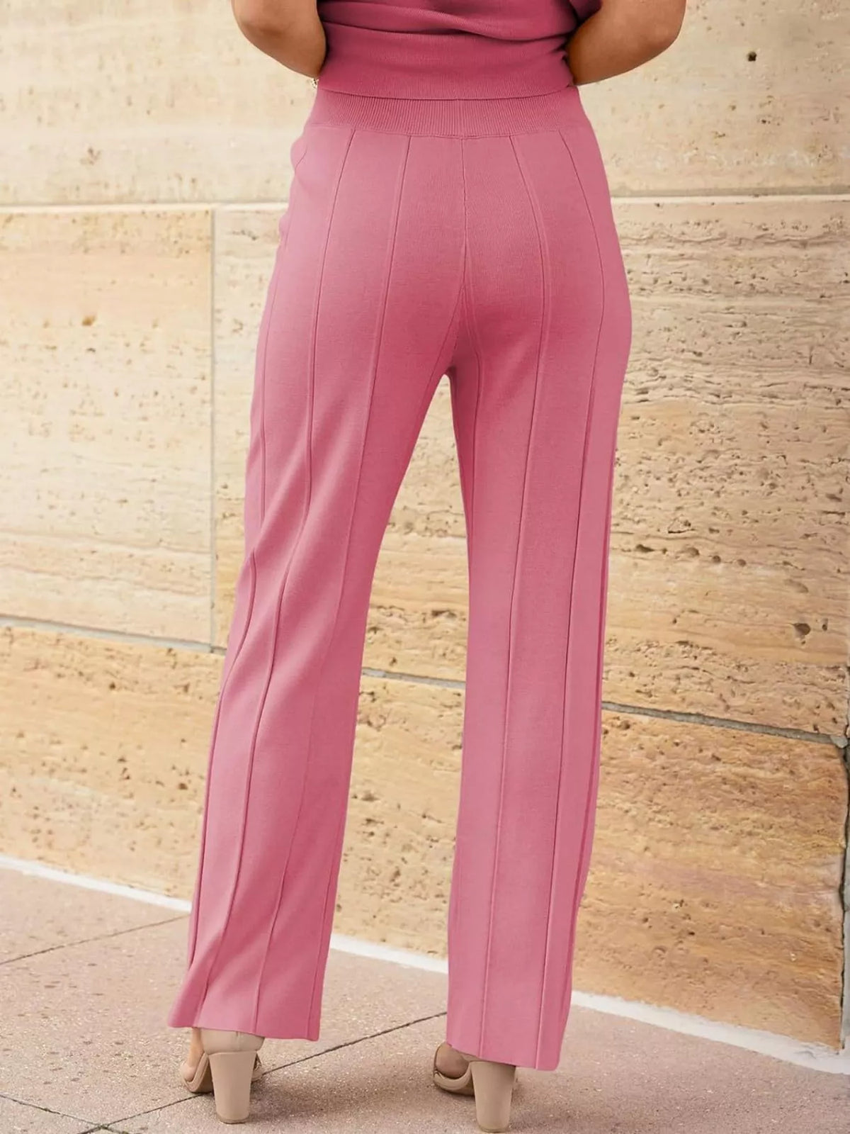 Casual Solid Color Cap Sleeve Top Pants Knit Set (27)