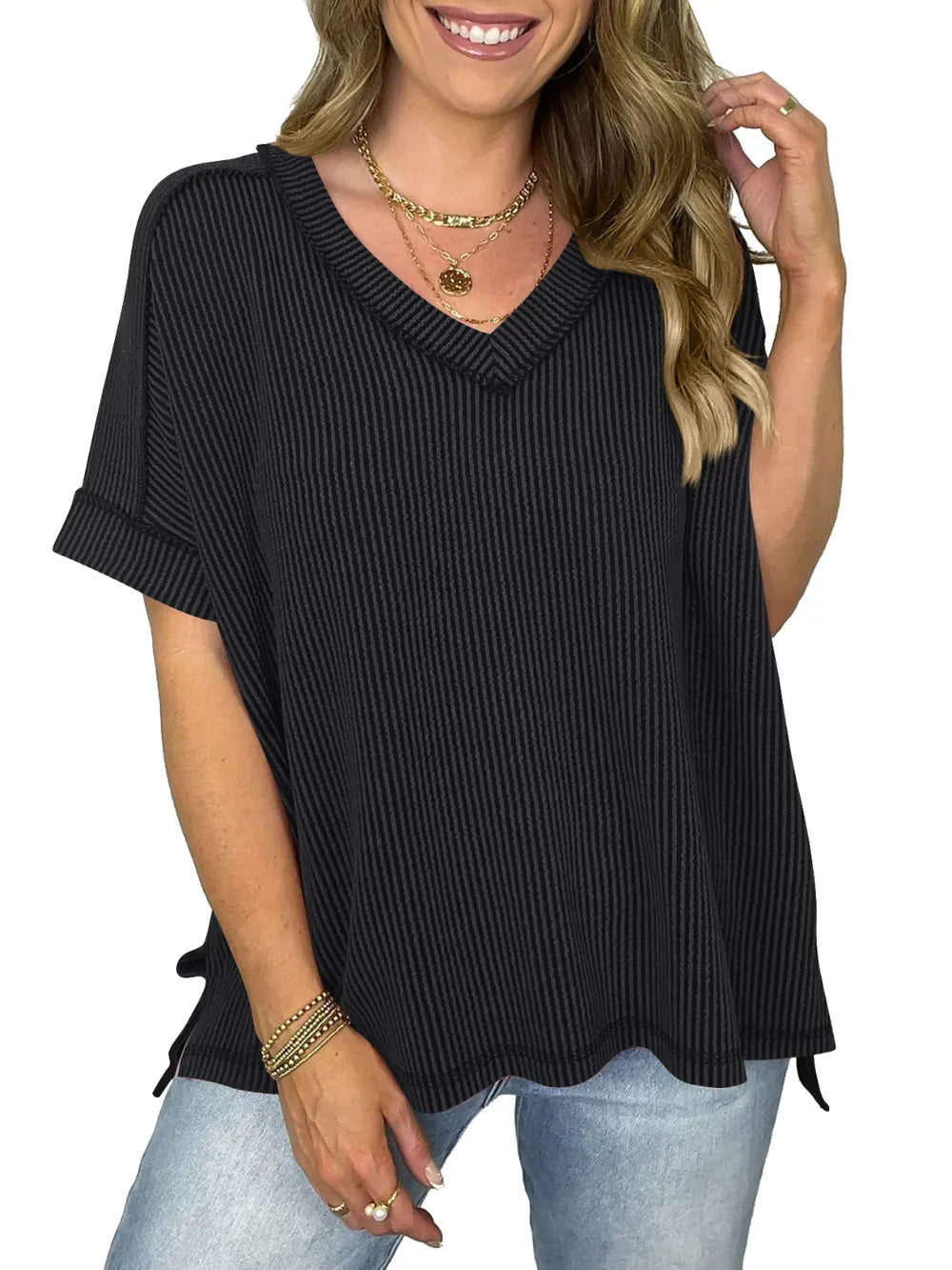Cord Ribbed V-neck Short Sleeve T-shirt (23)