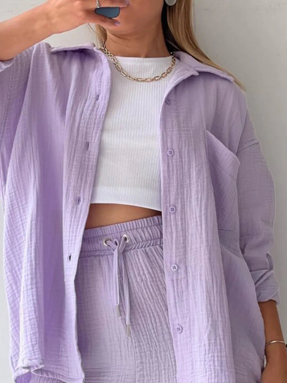 Texture Button Up Shirt Drawstring Shorts Set (28)
