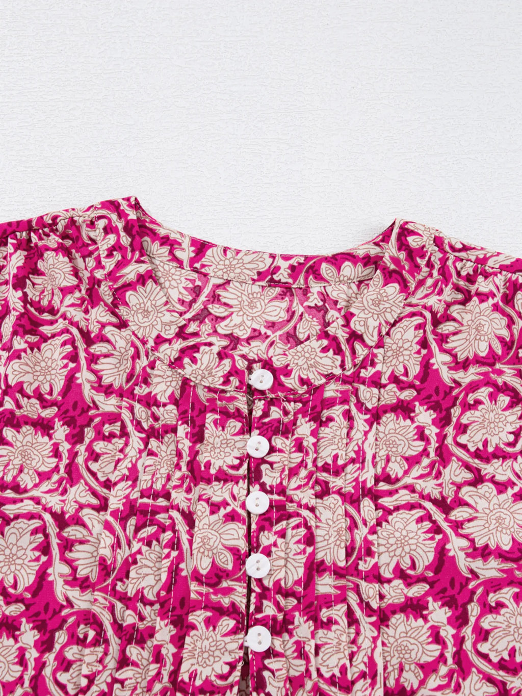 Floral Print Split Neck Pleated Long Sleeve Blouse (13)