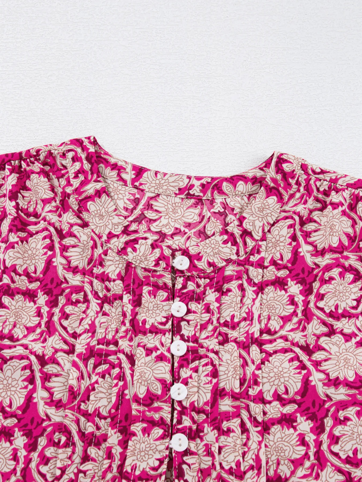 Floral Print Split Neck Pleated Long Sleeve Blouse (13)
