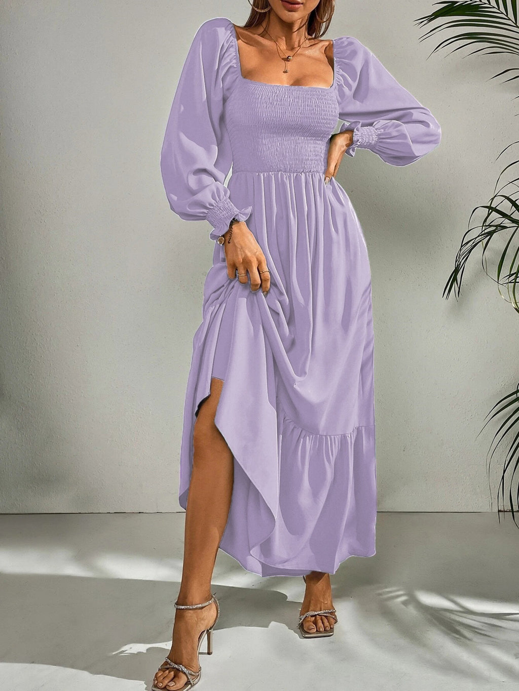 Smocked Long Sleeve Midi Dress (8)