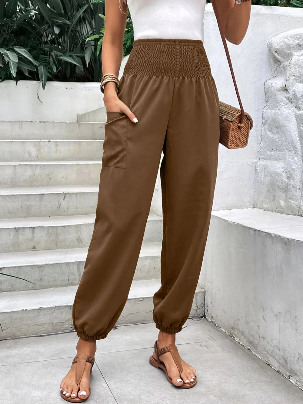 Smocked High Rise Joggers Pockets (7)