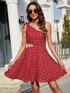 Grid One-shoulder Tied Cutout Dress (11)