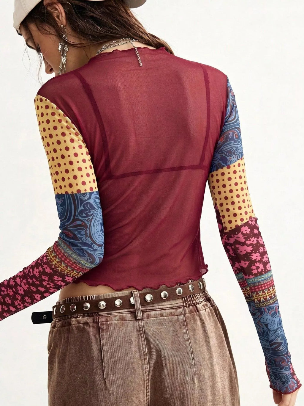 Floral Print Mesh Mock Neck Long Sleeve Top (3)