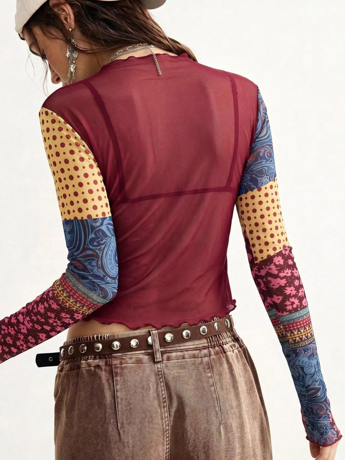 Floral Print Mesh Mock Neck Long Sleeve Top (3)
