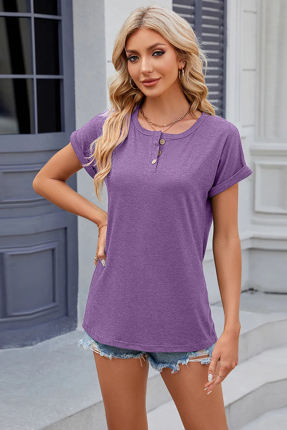 Round Neck Rolled Short Sleeve T-shirt (19)