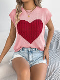 Cable Knit Heart Round Neck Cap Sleeve Top