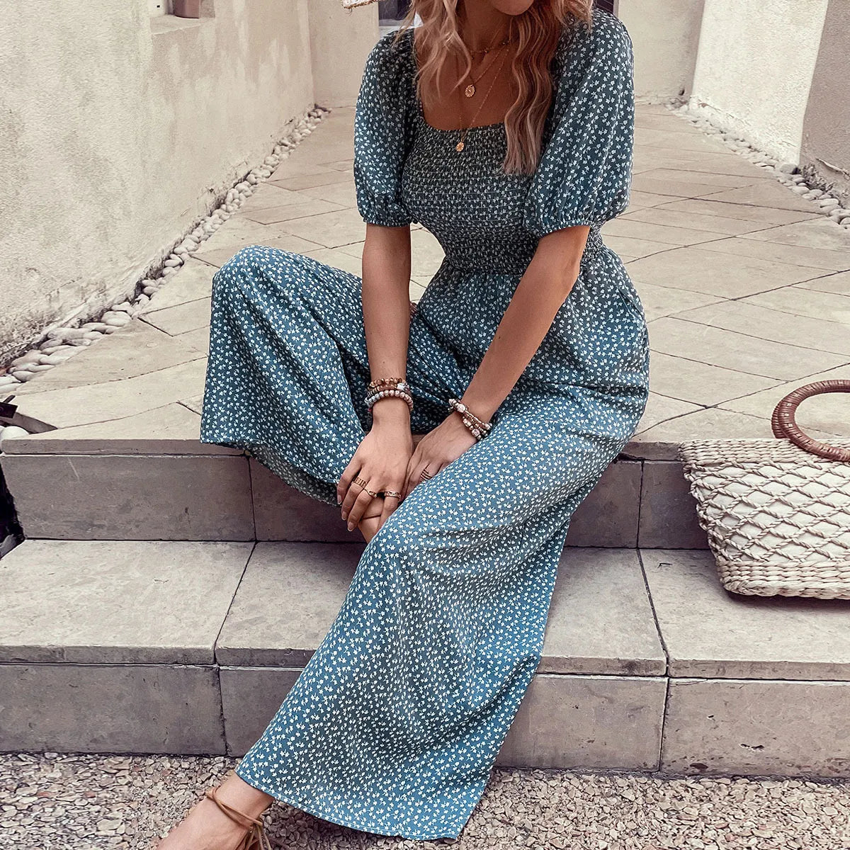 Printed Square Neck Puff Sleeve Jumpsuit (3)