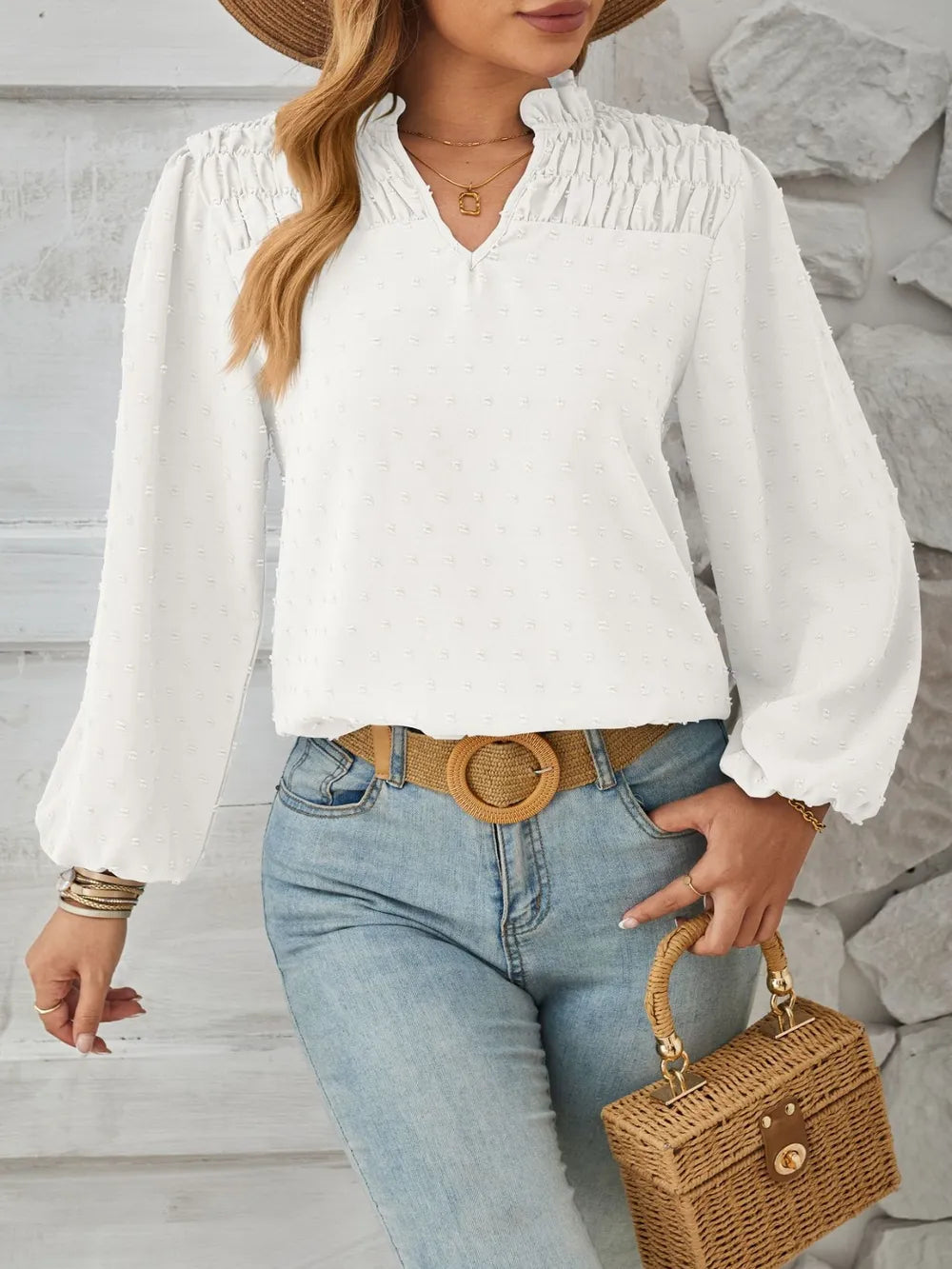 Ruched Swiss Dot Notched Balloon Sleeve T-shirt (4)