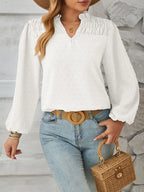 Ruched Swiss Dot Notched Balloon Sleeve T-shirt (4)