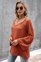 V-neck Spliced Lace Flare Sleeve Top (9)