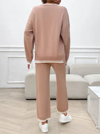 Round Neck Dropped Shoulder Top Pants Sweater Set (2)