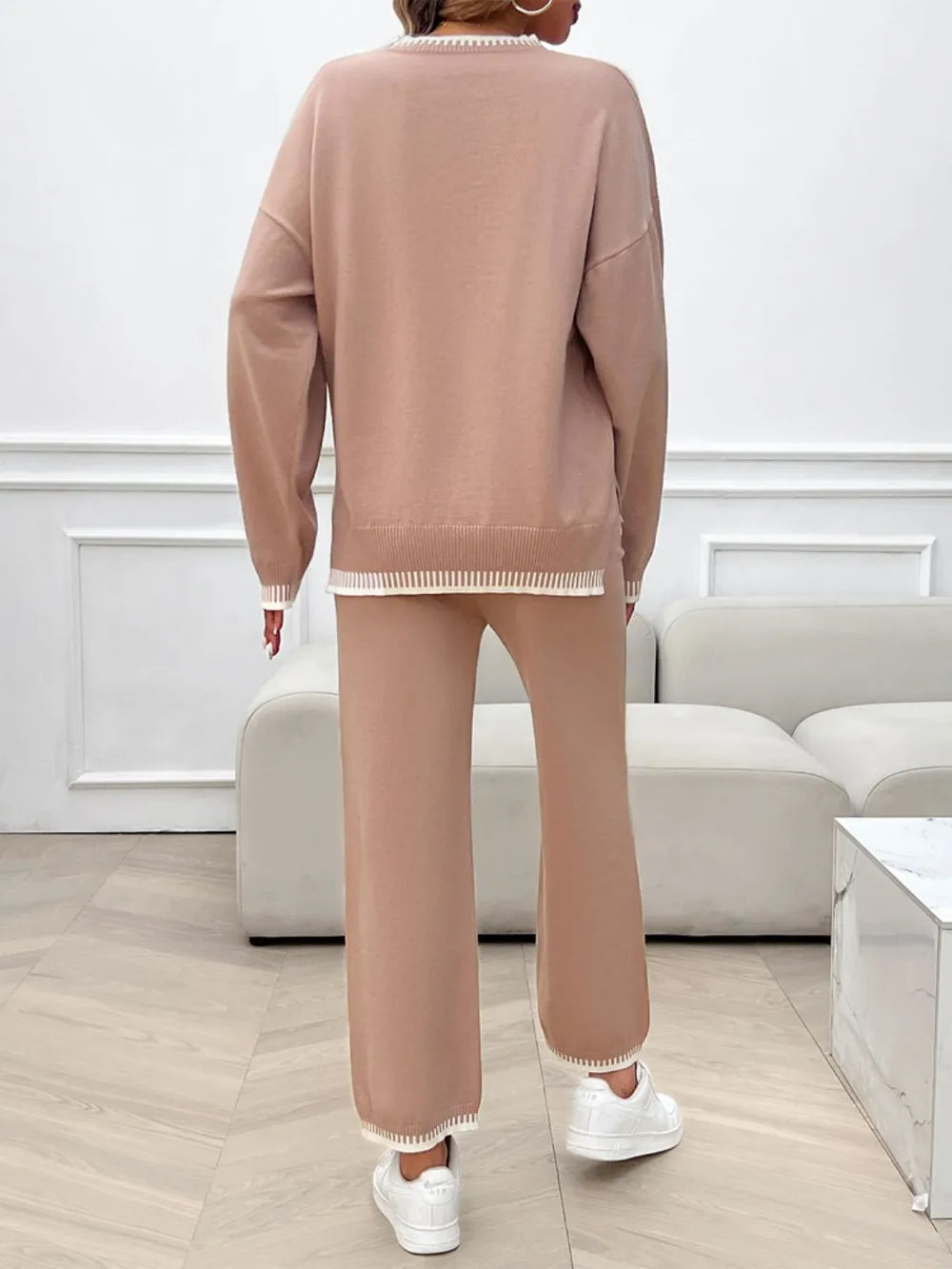 Round Neck Dropped Shoulder Top Pants Sweater Set (2)