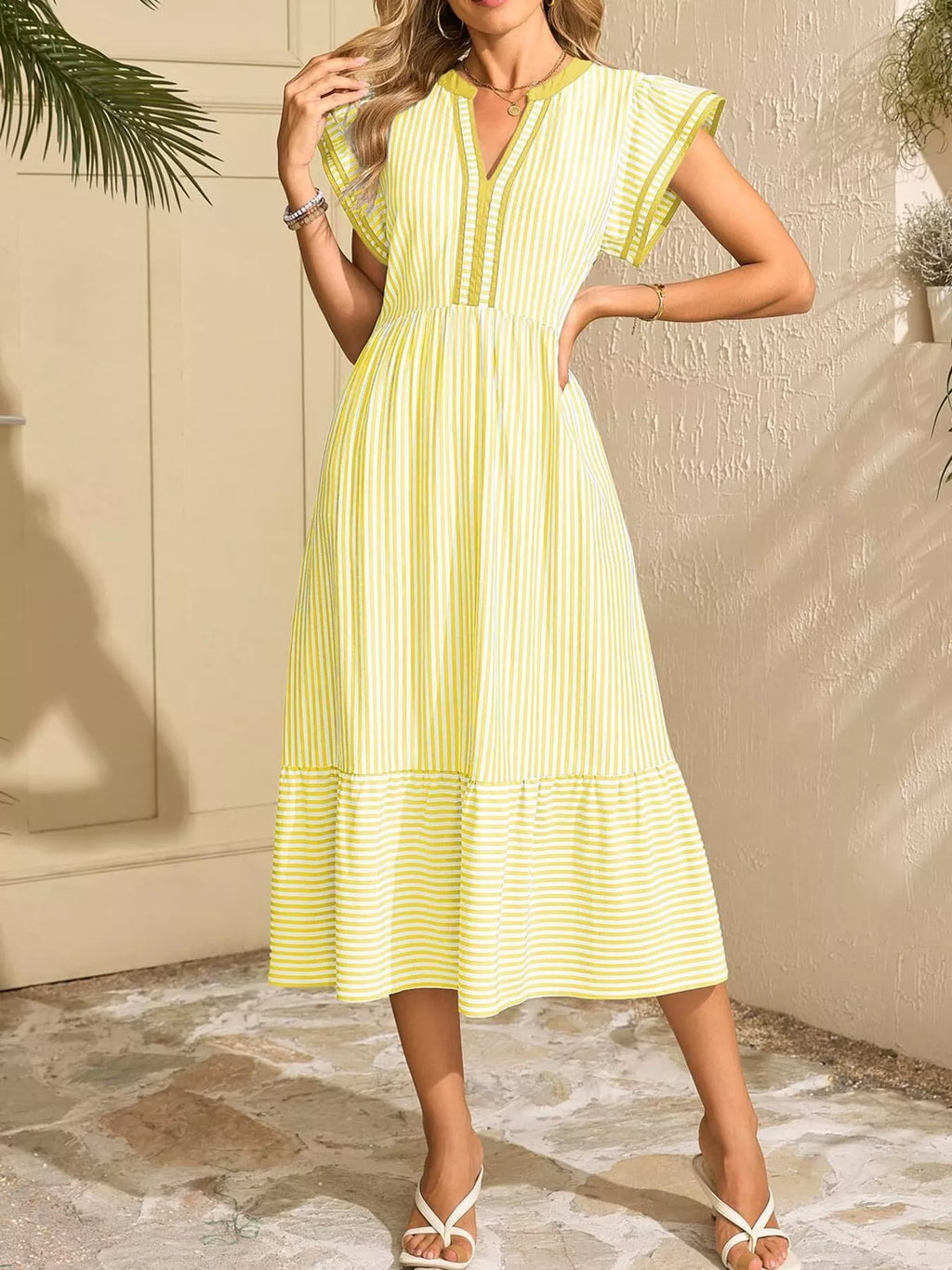 Striped Notched Ruffle Sleeve Dress (21)