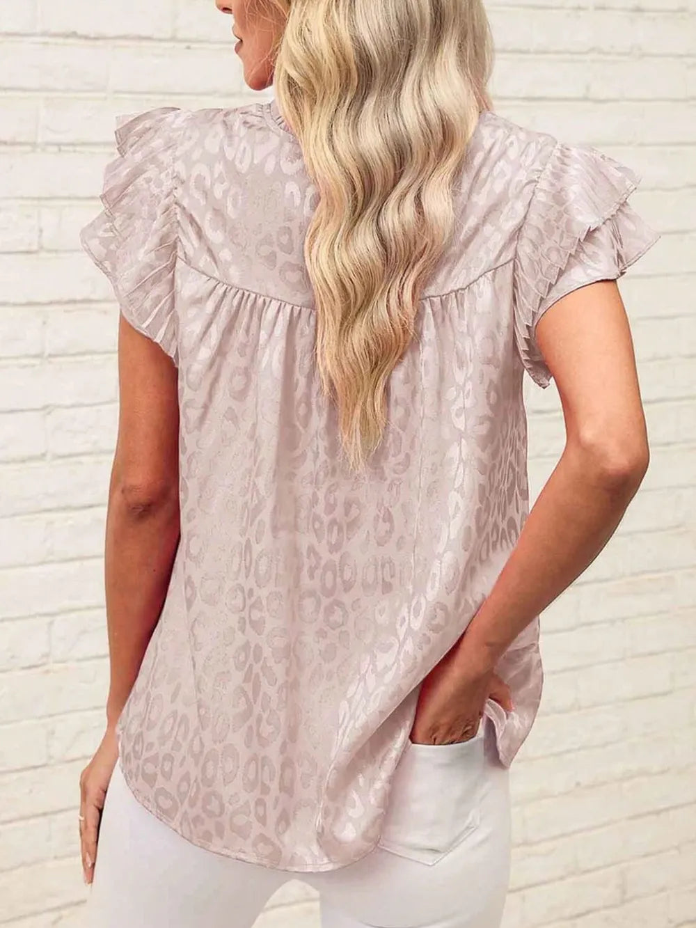 Leopard Frill Mock Neck Ruffled Cap Sleeve Top (16)