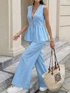 V-neck Sleeveless Peplum Top Wide-leg Pants Set (3)