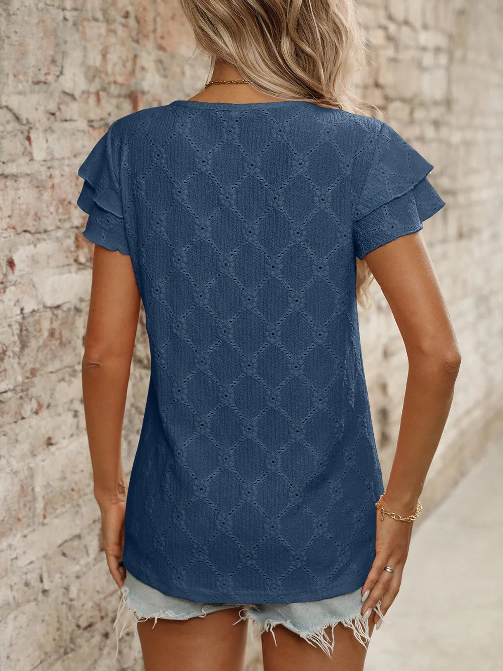 Eyelet Round Neck Double Layered Ruffled Short Sleeve Top (15)
