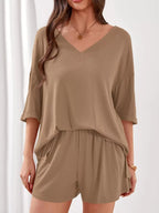 Casual Solid Color V-neck Top Shorts Set (2)