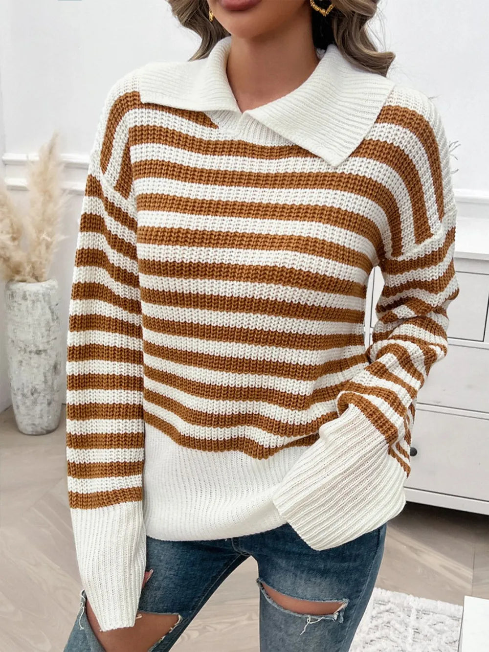 Striped Collared Neck Long Sleeve Sweater (4)
