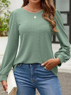 Eyelet Round Neck Long Sleeve Top (19)