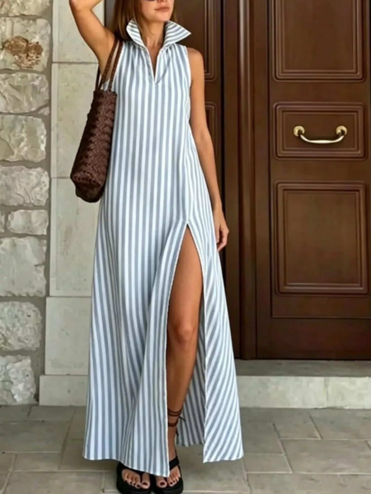 Full Size Striped Maxi Dress High Slit Plus (2)