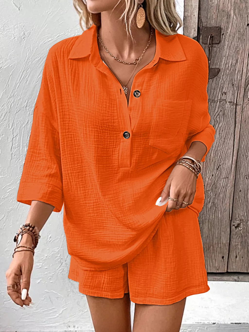 Button Detail Top Shorts Set (18)