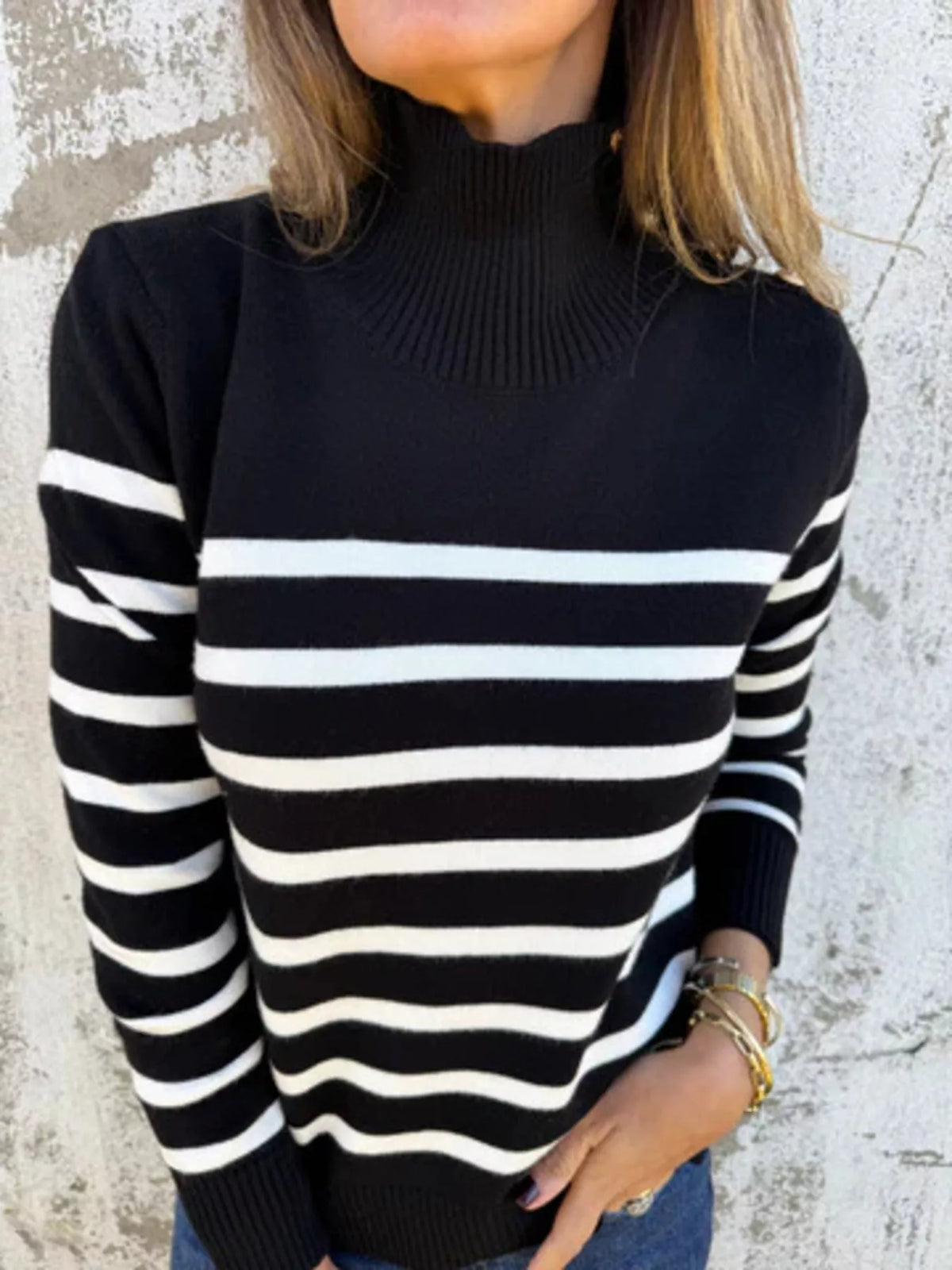 Full Size Striped Turtleneck Long Sleeve Sweater Plus