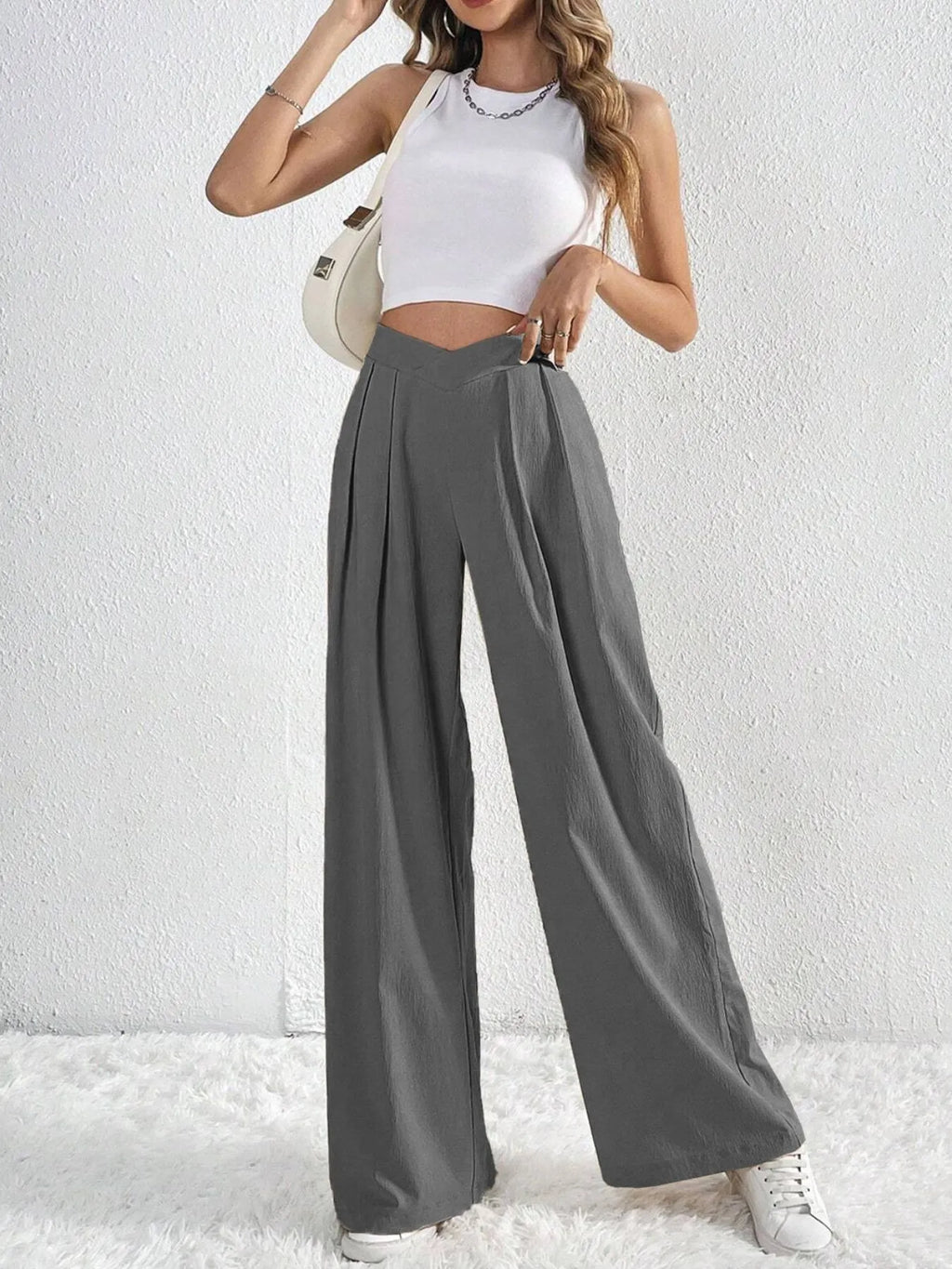 V-waisted Ruched Front Wide Leg Pants (17)