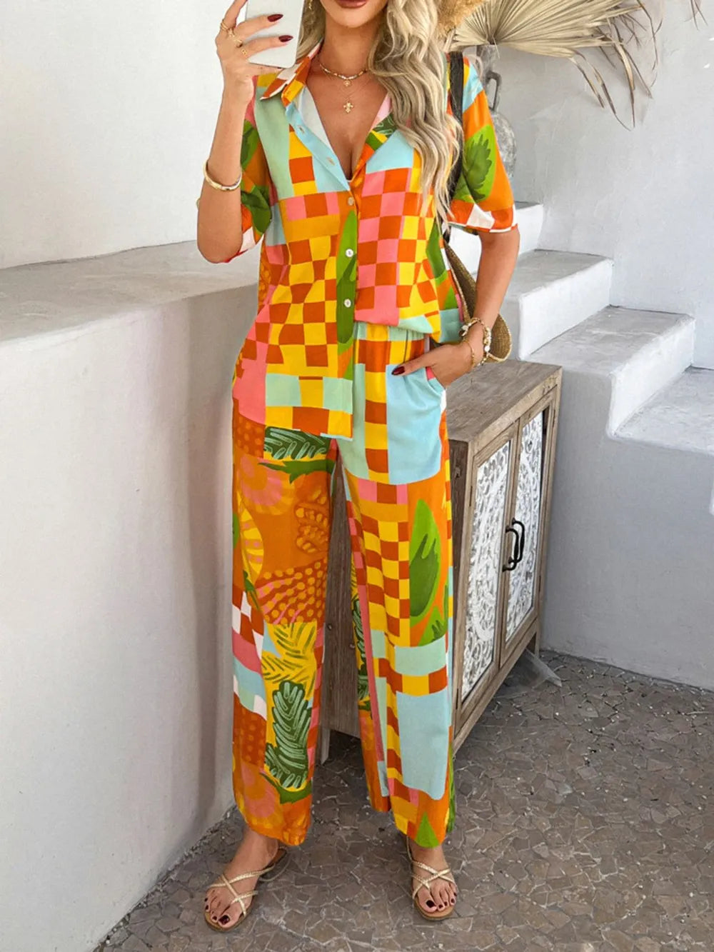 Printed Button Down Shirt Pants Set (18)