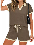Polo Collar Short Sleeve Top Shorts Set (20)