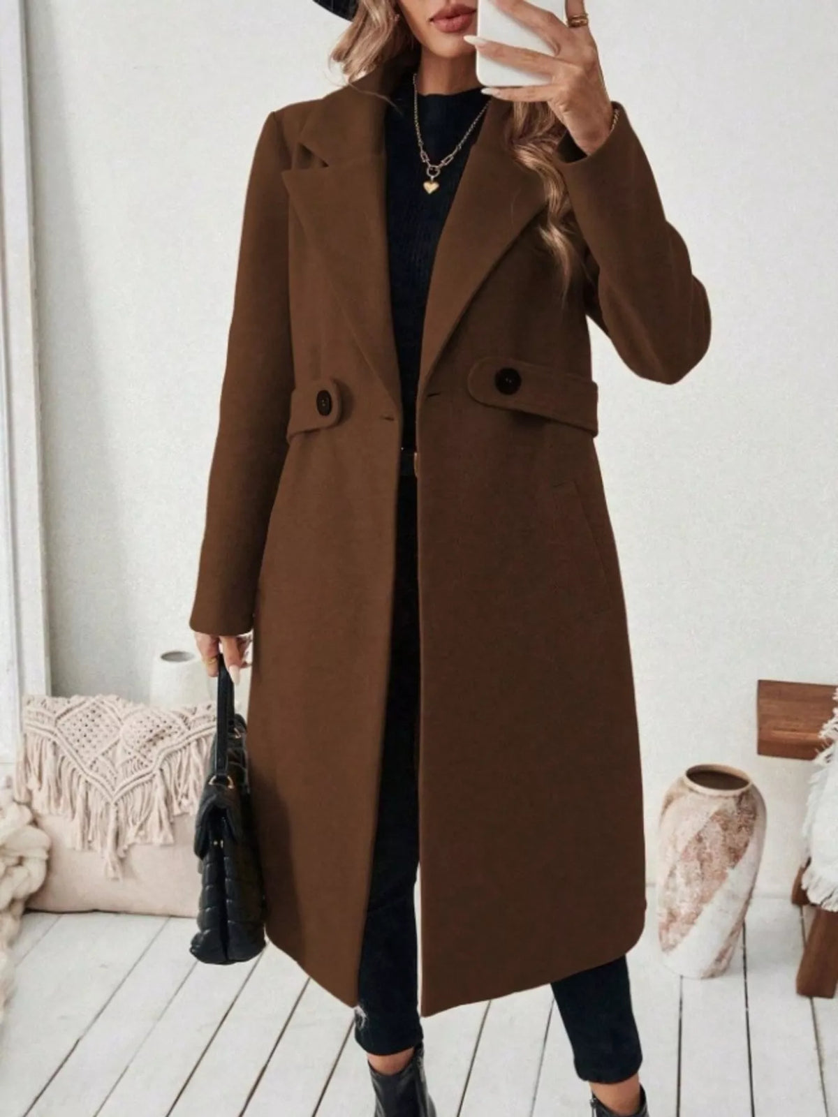 Full Size Elegant Lapel Collar Belted Coat Pockets Plus (8)
