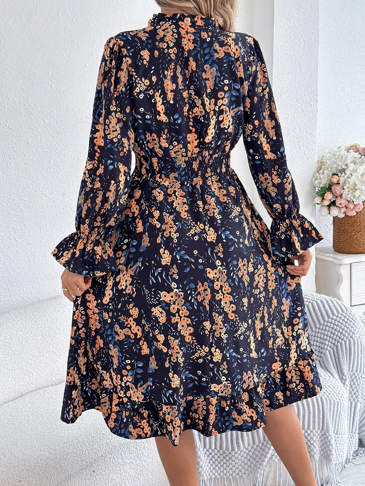 Floral Print Ruffle Hem Flounce Sleeve A-line Dress (5)