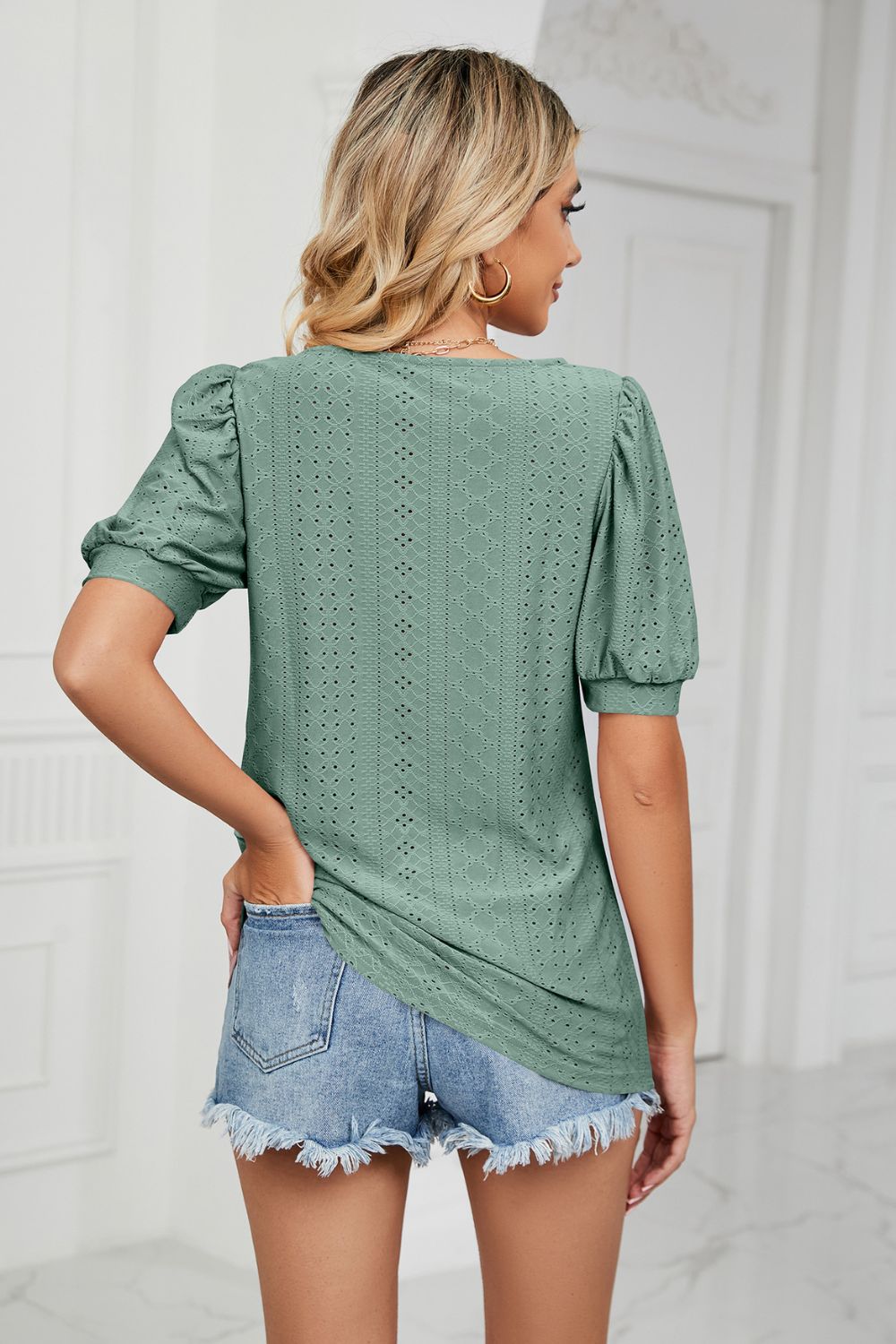 Eyelet Puff Sleeve Round Neck Top (2)