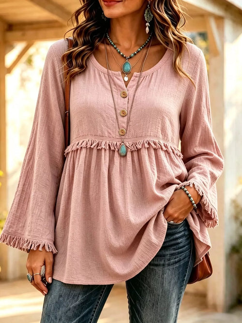 Button-down Detail Fringed Hem Blouse