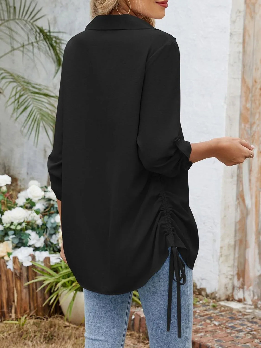 Drawstring Johnny Collared Three-quarter Sleeve Top (18)